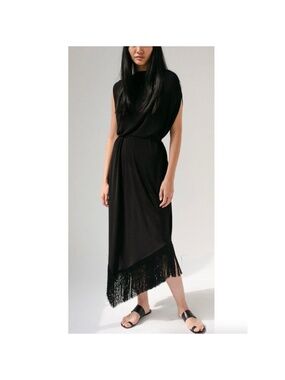 MATTEAU Fringe Cocoon Dress Belted Stretch Jersey Midi Black Women's Size 2